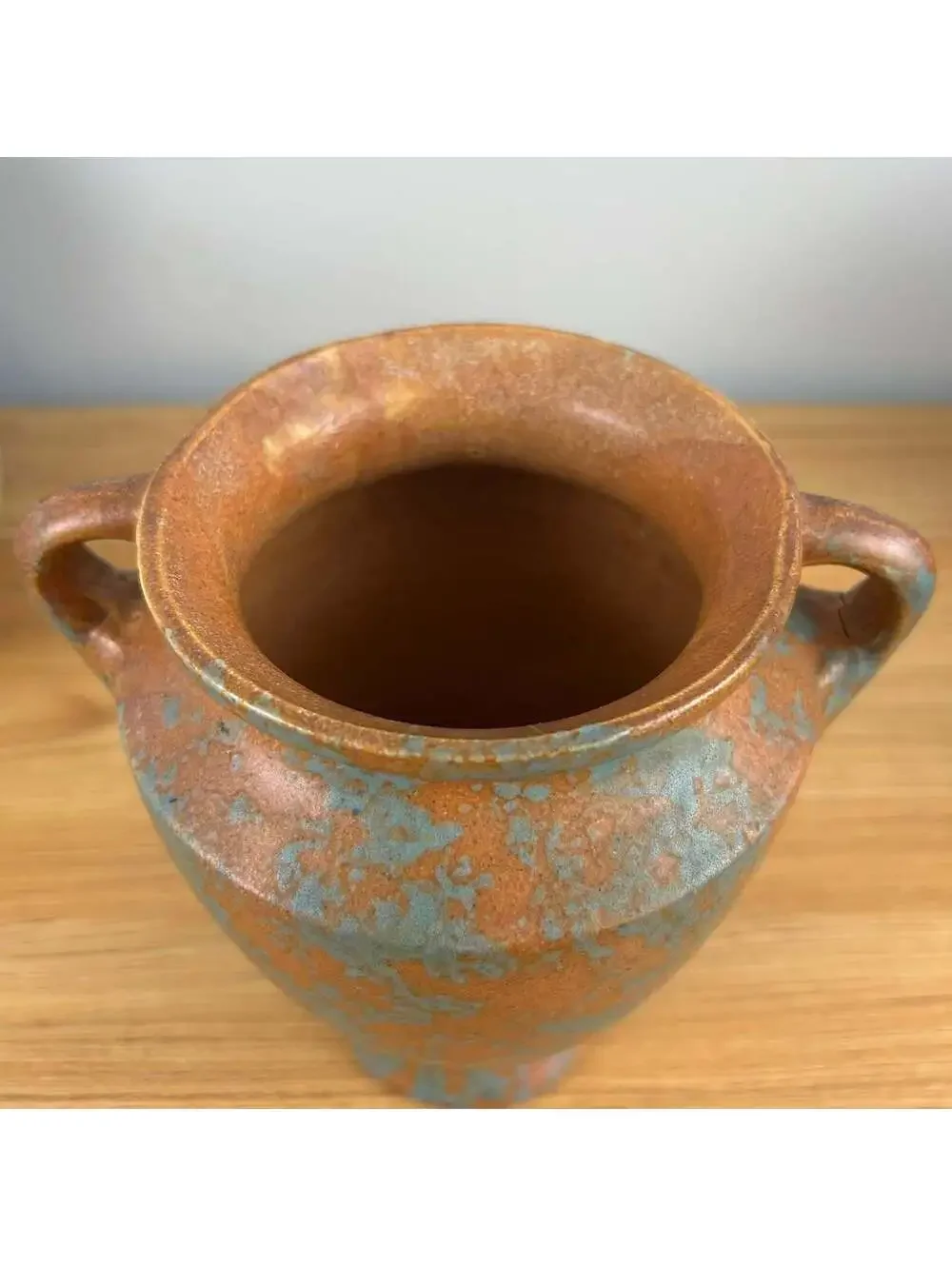 Burley WInter 1930s Vintage Art Pottery Mottled Green and Orange Handled Vase 45